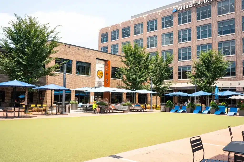 Midtown Plaza in Carmel, Indiana near the Arts and Design District" or Carmel, Indiana Midtown area with outdoor seating